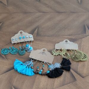 Boho Tassel & Filigree Earring Set - Turquoise & Black 12 Pair Lot
